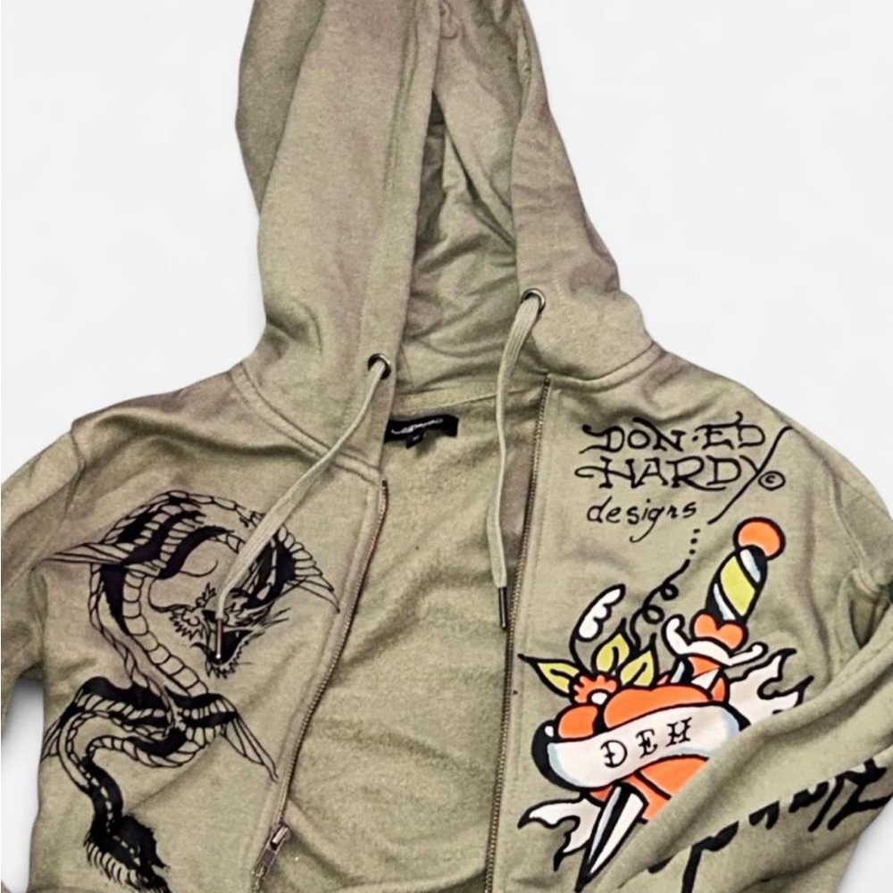 Ed Hardy Olive Hoodie with Dragon and Heart Design